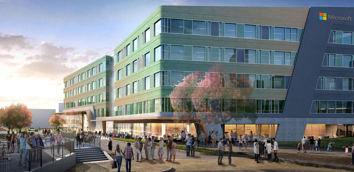 Exterior rendering of the 4220 Duncan building showing people gathering in the outdoor courtyard.